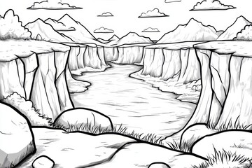 A simple black-and-white line drawing of a canyon with a river winding through
