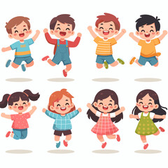 Cheerful Cartoon Kids Jumping, Happy Childhood, Colorful Vector Illustration