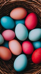 Easter Holiday, Easter Concept, Colorful Pastel Easter Eggs in a Rustic Woven Basket Spring Holiday