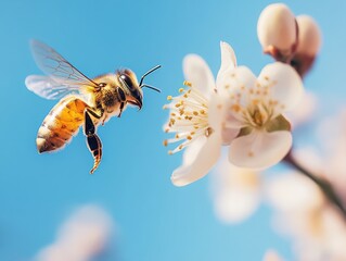 Fototapeta premium Close-Up of Honeybee Flying Near Blossom Under Bright Sky, Showcasing Nature's Beauty and Pollination Process in Vibrant Spring Conditions