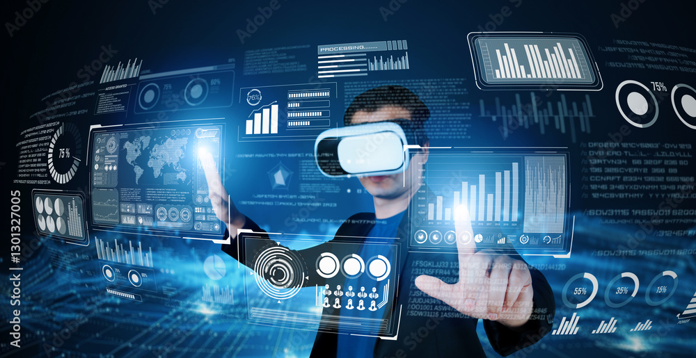Poster smart business man with goggles working while using ai technology. manager accessing at global netwo