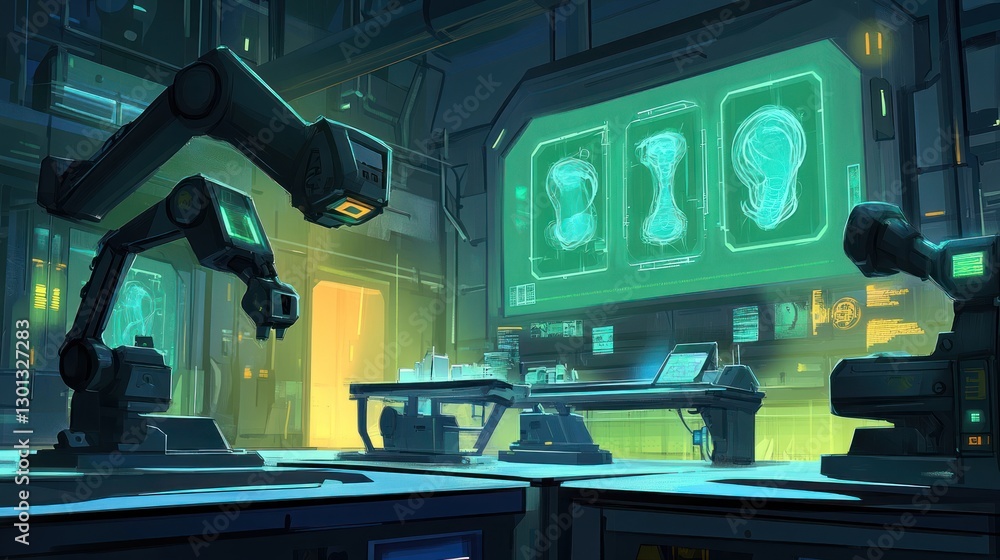 Poster robotic arms operating in futuristic laboratory with medical imaging display