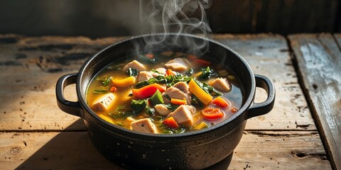 Hearty Chicken and Vegetable Soup in Rustic Cast Iron Pot.