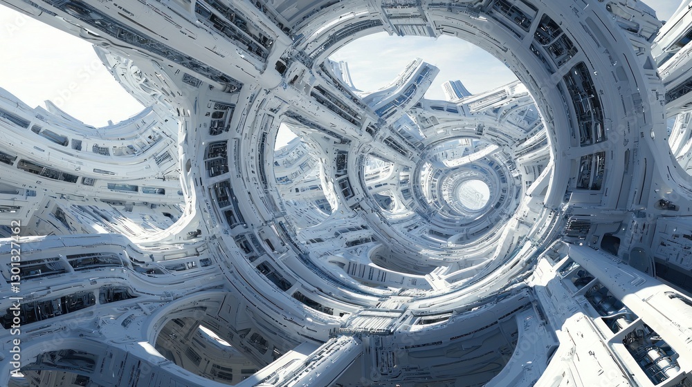 Poster futuristic spaceship interior: a 3d render of a complex, white, and circular structure