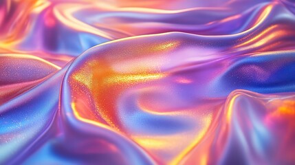 Fototapeta premium Close-up of ethereal pastel neon blue, purple, lavender, yellow holographic metallic foil background. Abstract modern, futuristic, festive dreamlike backdrop.