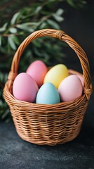Easter Holiday, Easter Concept, Pastel Easter Eggs in Wicker Basket Springtime Holiday Decoration