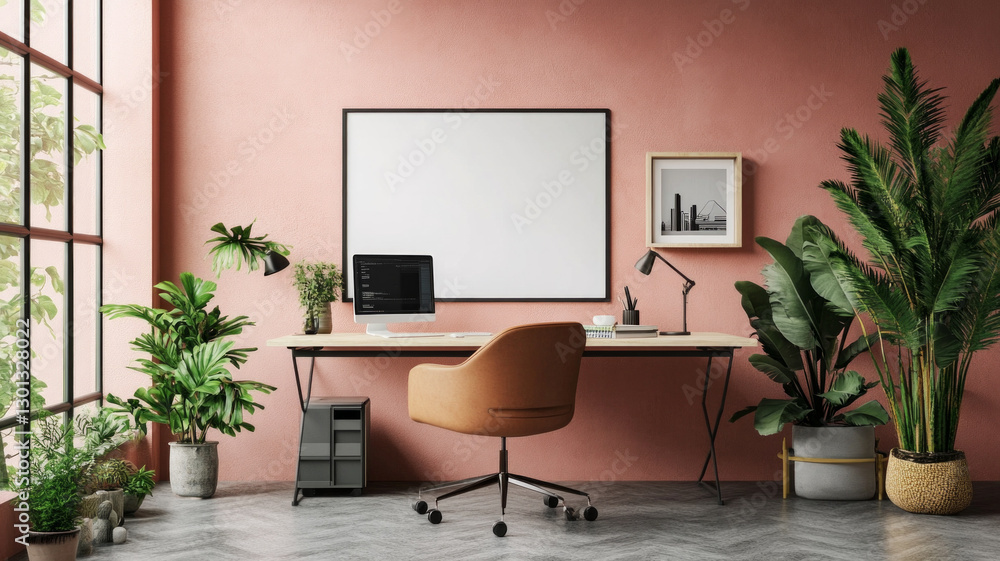 Poster a white computer desk with a chair and a computer monitor