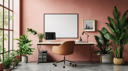 Fototapeta premium A white computer desk with a chair and a computer monitor