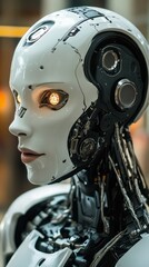 Fototapeta premium This humanoid robot displays highly expressive facial features, capturing attention in a contemporary environment. Its intricate design reflects advancements in robotics and AI