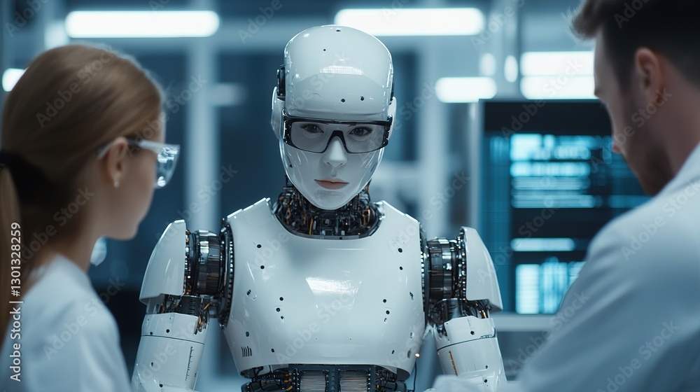 Poster innovative robotics team creating gigapixel technology in lab high-tech environment detailed researc
