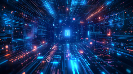 Neon glowing digital technology circuit board in computer. Futuristic glowing bright blue color. Abstract connection concept presentation background Communication wireframe laser lines illustration