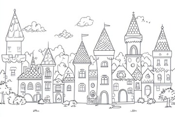 Fototapeta premium Fairytale castle town skyline, coloring page, children's book illustration