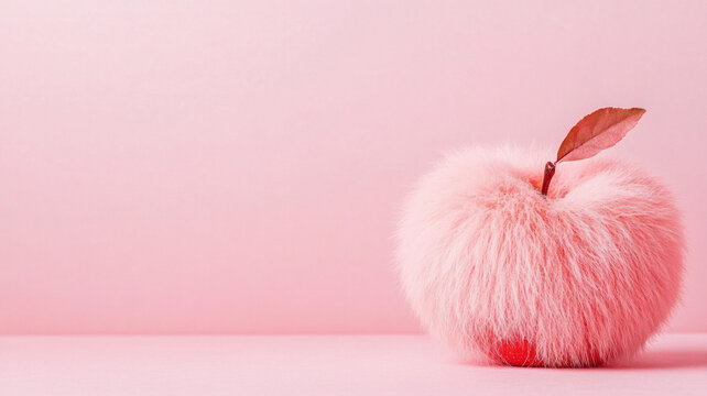 A pink fuzzy apple with a leaf on top