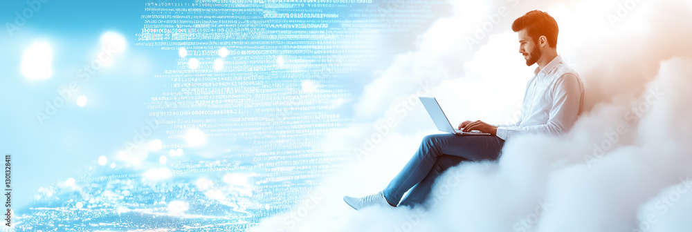 Poster a software developer enjoys a serene moment on a fluffy cloud, immersed in coding as vibrant compute