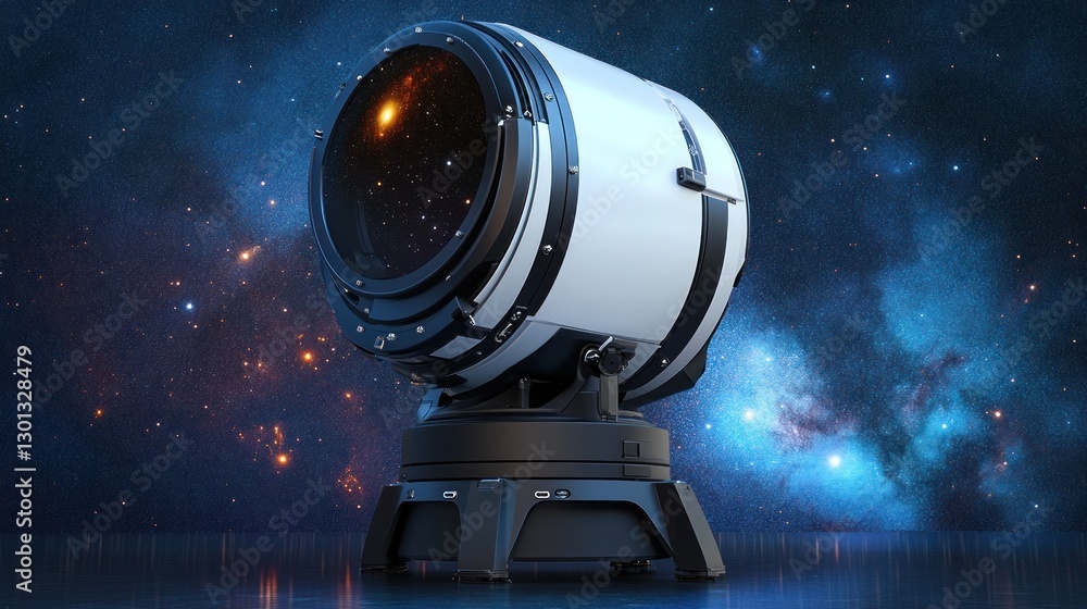 Poster futuristic space observatory telescope with nebula background exploring universe
