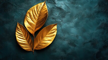 Closeup of golden palm leaf on abstract dark green textured background. Tropical conceptual luxury elegant trendy art deco summer background. Flat lay, symmetric composition.