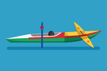 Naklejka premium A colorful semi-flat canoe designed for Paralympic athletes rests against a solid blue backdrop, ready for use, Paralympic canoe Customizable Semi Flat Illustration