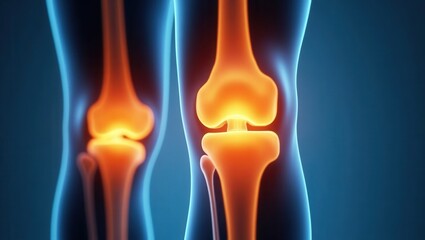 3D Medical Illustration of Human Knee Joint with Glowing Bone Structure, Cartilage, and Ligaments – Advanced Radiology, Orthopedic Science, and Joint Health Visualization