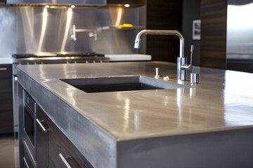 Modern Kitchen with Sleek Polished Concrete Slab Countertop and Stainless Steel Appliances in Chic Style