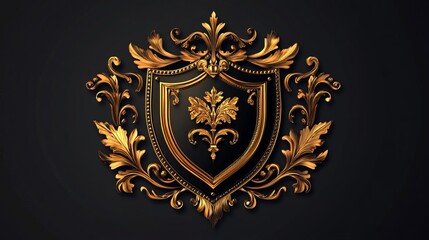 Fototapeta premium Elegant Golden Baroque Shield Crest Design Luxury Ornate Royal Vintage Gold Black Background Decorative Emblem Heraldic Coat of Arms Premium Classic 