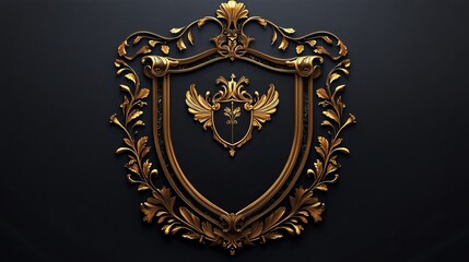 Elegant Gold Baroque Shield Design Luxury Ornate Frame Vintage Decorative Black Background Royal Crest Golden Floral Pattern Premium Vector Graphic   