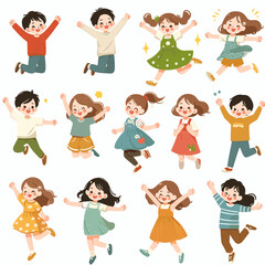 Joyful Kids: Cartoon Illustrations of Happy Children Jumping