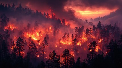 Forest Fire Engulfing Trees with Intense Flames and Smoky Sky
