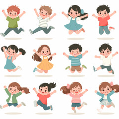 Cartoon Kids Jumping with Joy: Diverse Group of Children
