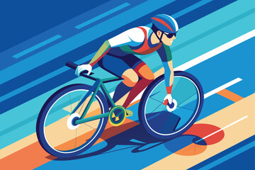 A cyclist in a colorful outfit speeds along a stylized track in a Paralympic cycling event, Paralympic cycling Customizable Isometric Illustration