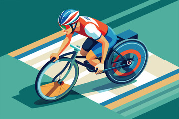 Fototapeta premium A determined cyclist on a specialized bike speeds along a track, showcasing athletic skill and determination, Paralympic cycling Customizable Isometric Illustration