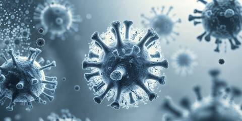 Microscopic view of a virus illustrating its structure and surrounding particles in an abstract environment at a molecular scale.