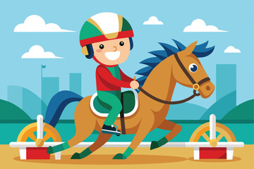 Obraz premium A cheerful young rider on a horse navigates obstacles in a vibrant equestrian setting, Paralympic equestrian Customizable Cartoon Illustration