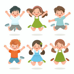 Cheerful cartoon illustrations of diverse young children jumping with joy and excitement, perfect for educational resources and children's book illustrations