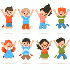 Diverse group of joyful children jumping with excitement, celebrating success and happiness in an illustration. Ideal for educational materials, children's books, or positive message designs.