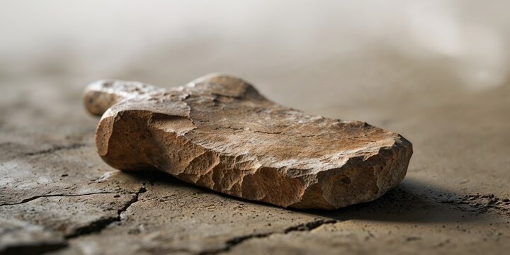 Stone age tool lying on a textured earthen surface.