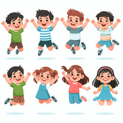 Cheerful diverse children jumping with joy, perfect for illustrating childhood themes, educational resources, or promoting children's products and services