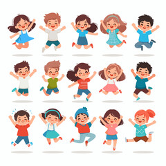 Joyful and diverse group of cartoon children jumping with excitement, perfect for educational materials, children's books, and promoting positive themes.