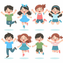 Eight cheerful cartoon children jumping with joy, perfect for children's books, educational materials, and promoting happiness and active lifestyles