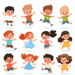 Diverse group of cheerful children jumping and playing, ideal for illustrating childhood joy, educational materials, and family-oriented designs