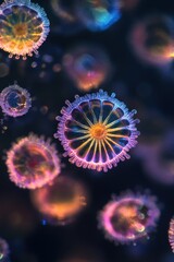Fototapeta premium A microscopic view of coconut oil droplets, glowing with vibrant and ethereal tones