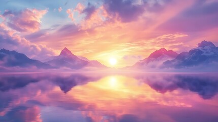 A Breathtaking Sunset Over a Calm Lake with the Reflection of Colors - Serene and Peaceful