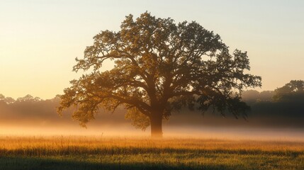 Fototapeta premium A giant oak tree standing in the misty morning casting shadows over the dewey pasture