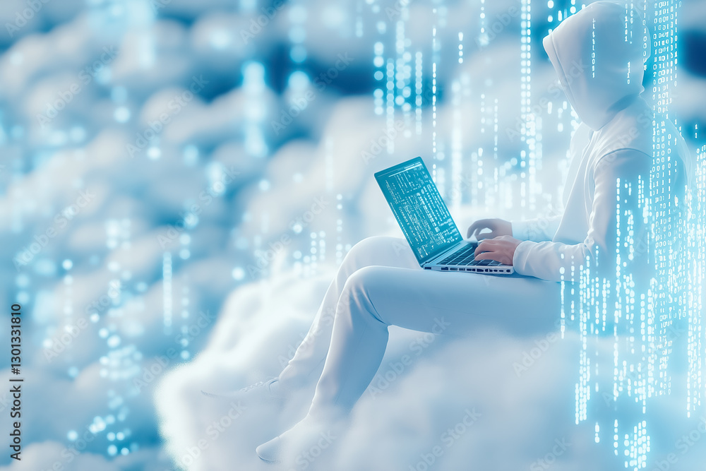 Poster a software developer lounges on a fluffy white cloud, working on a laptop while immersed in a futuri