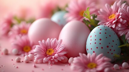 Colorful eggs and fresh chrysanthemums on a soft pink background with space for personalized greetings or advertisements.