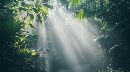 Sunlight Streaming Through Lush Green Jungle Foliage Creating a Magical Scene