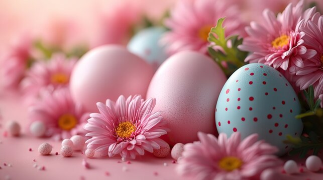 Colorful eggs and fresh chrysanthemums on a soft pink background with space for personalized greetings or advertisements.