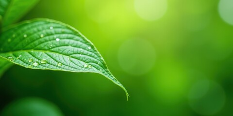Fototapeta premium Close-Up of Green Leaf with Water Droplets and Soft Background