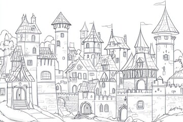 Medieval town sketch, stone buildings, towers, walled city, coloring book image, historical illustration