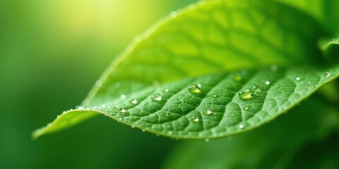 Fototapeta premium Close-Up of Green Leaf with Water Drops Highlighting Veins
