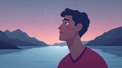 Man gazing at stars over lake landscape